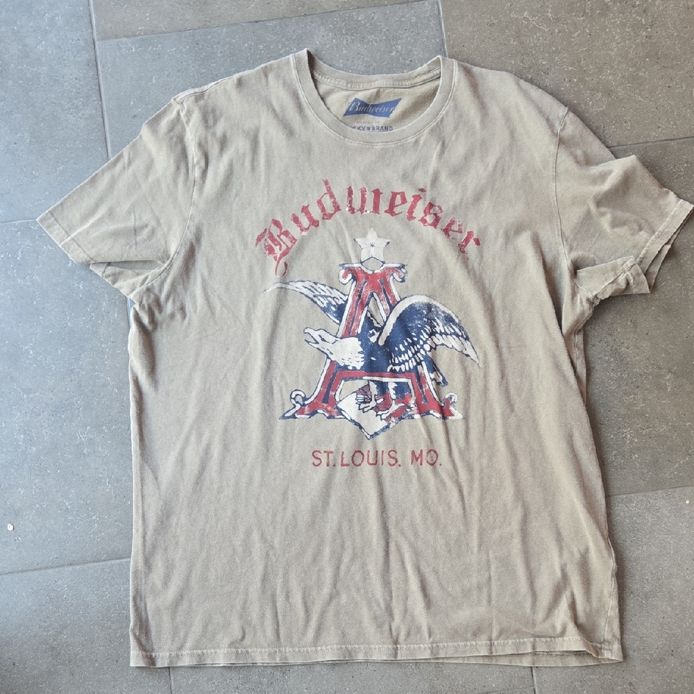 Budweiser Beige Graphic Tee with Red Accents
